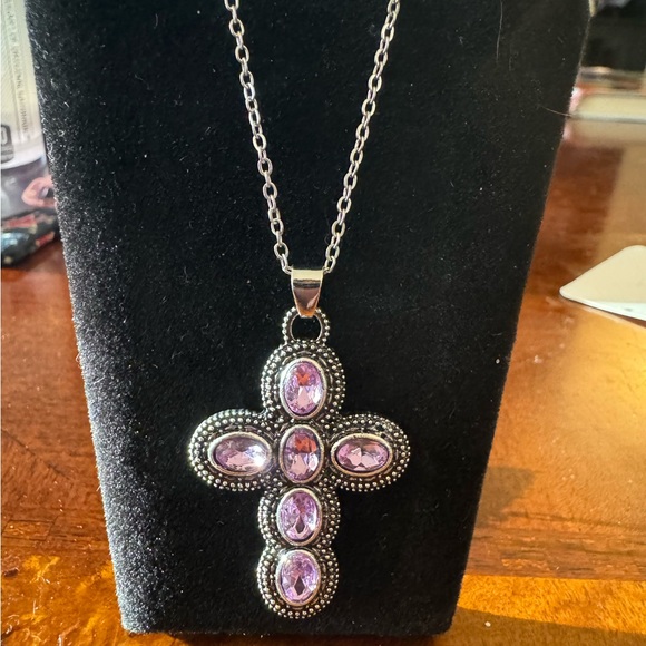 Purple Amethyst, Simulated, Retro Cross Pendant Silver Plated Necklace - Picture 4 of 8